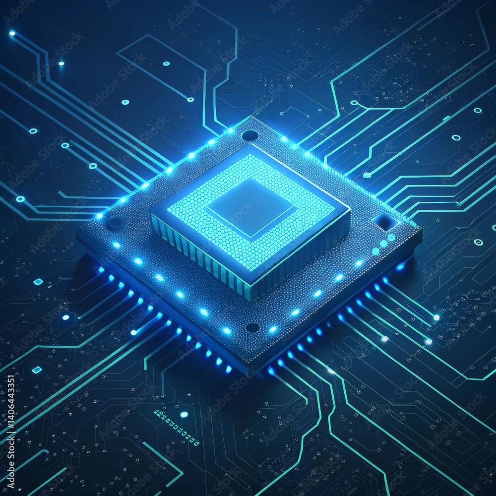Fototapeta premium Futuristic CPU chip glowing on a dark circuit board. Perfect for tech, computing, and innovation themes.