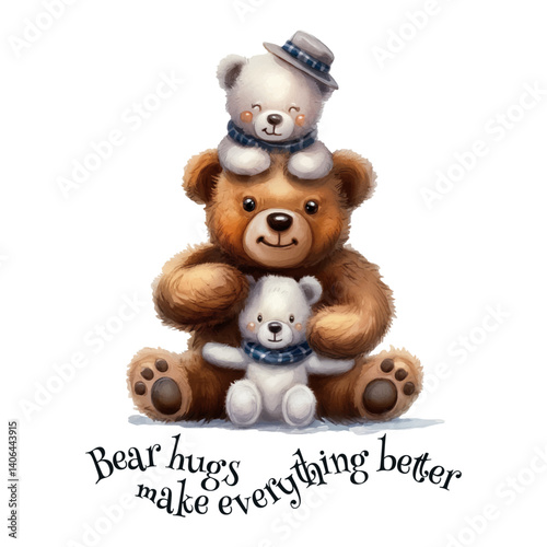 Cute bear family cuddling with bear hugs make everything better quote, watercolour nursery illustration - Bear hugs make everything better, isolated with transparent background and tagline