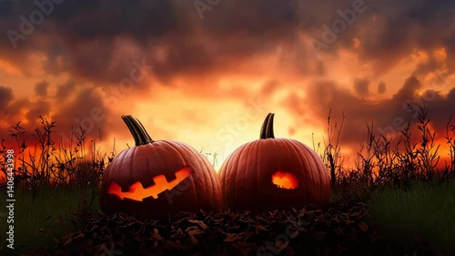 Two carved pumpkins glow in a dark forest, surrounded by falling leaves. The warm orange light creates a spooky Halloween atmosphere, perfect for fall celebrations.