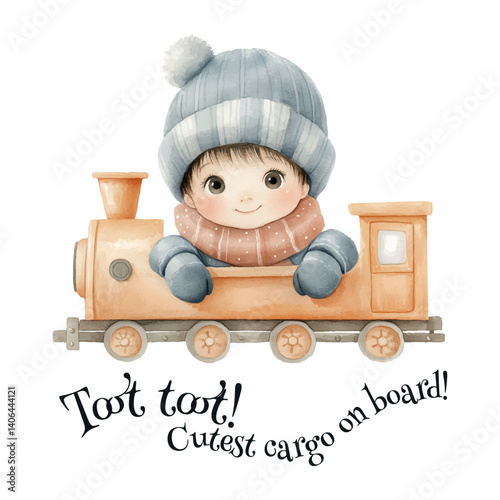 Watercolor baby boy in toy train with "Toot toot! Cutest cargo on board!" quote, cute nursery transportation art print, isolated with transparent background and tagline