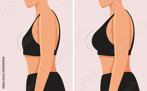 Before and After Breast Augmentation Surgery Vector Illustration. Person undergoes cosmetic surgery to achieve desired standards of beauty
