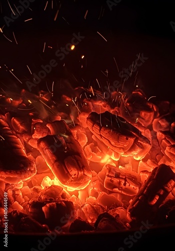 closeup of a fiery red and orange, intense heat, sparks flying, dark background,  glowing coals and burning charcoals background, Glowing hot coals, burning embers