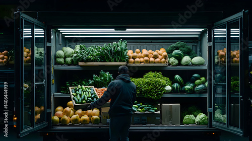 Man Loading Fresh Produce Inside A Delivery Truck Dark Interior Background Various Green And Yellow Fruits And Vegetables Arranged On Shelves