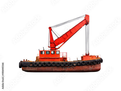 Heavy-duty crane barge in action dockside environment cutout background industrial viewpoint