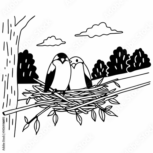 Two birds nestled in a cozy treetop nest amidst a tranquil nature scene, children's book illustration style