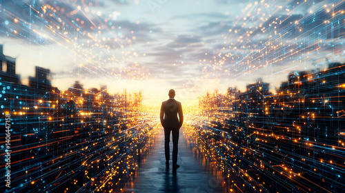 Silhouette Of A Man Walking Through Digital Data Streams In A Futuristic Urban Landscape