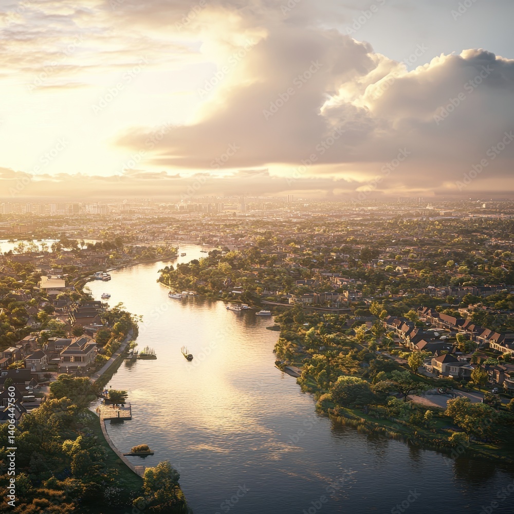 Serene river flowing through city at dawn Serene river flowing through city at dawn