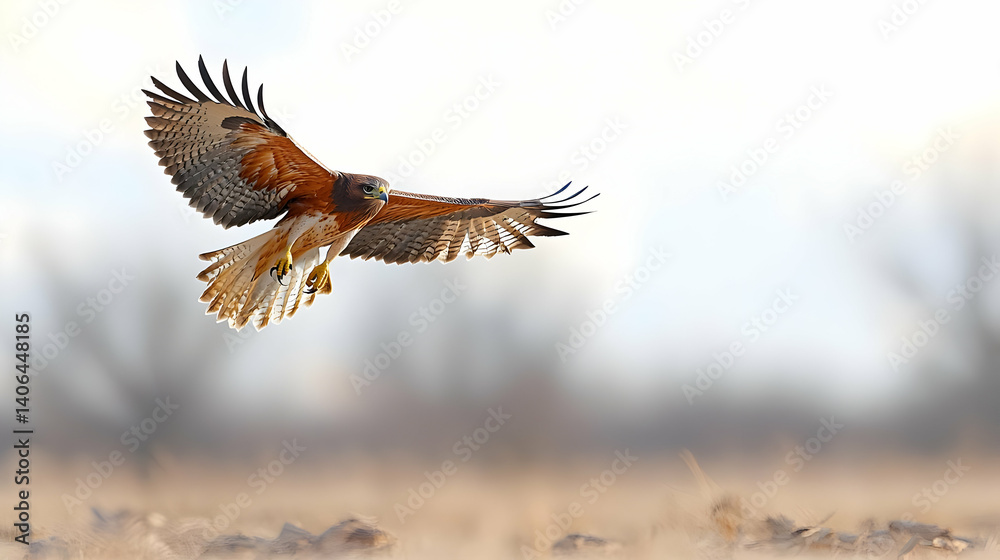 Fototapeta premium A Red-Tailed Hawk in Flight Against a Blurred Natural Background Showing Detailed Plumage and Wingspan
