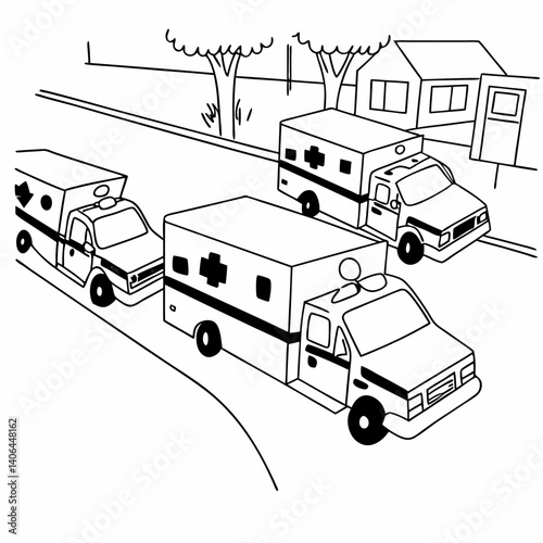 Emergency vehicles rush down a city street pedestrians observing the scene, children's book illustration style