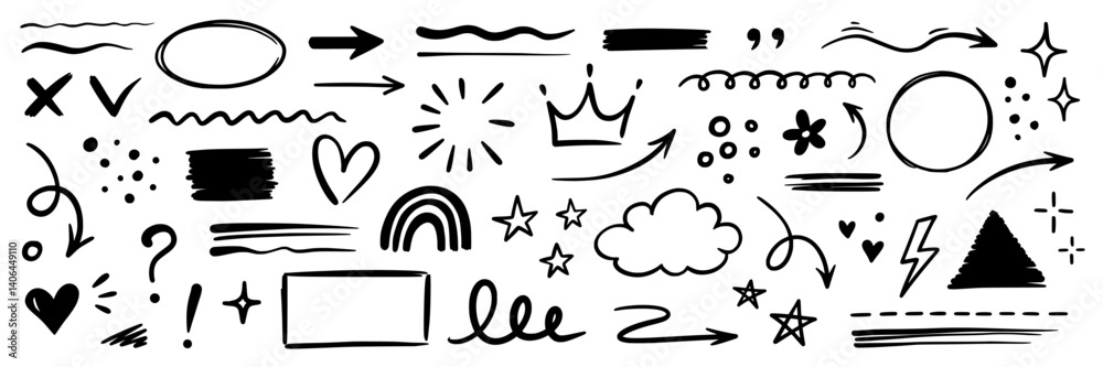 Line hand drawn brush marker underline, highlight, star element set. Hand drawn sketch marker underline shape, arrow, star scribble brush pen stroke icon highlight element. Vector illustration.