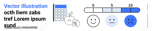 Horizontal rating scale with numbers, happy faces for emotions, calculator, and fruits. Ideal for feedback, analytics, surveys, health tracking, education productivity and simple landing page