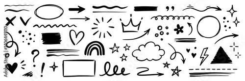 Line hand drawn brush marker underline, highlight, star element set. Hand drawn sketch marker underline shape, arrow, star scribble brush pen stroke icon highlight element. Vector illustration.