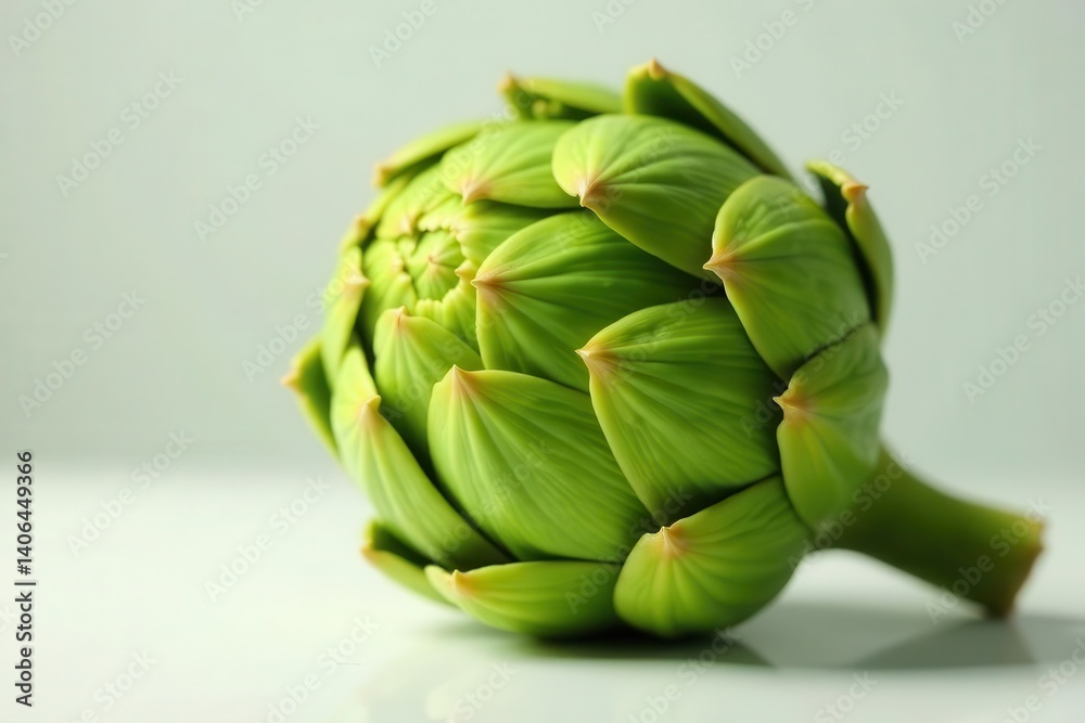 Fototapeta premium A single vibrant green artichoke, showcasing its intricate leaf structure and subtle reddish hues at the base of each pointed leaf, rests on a pristine white surface, bathed in soft, diffused light.