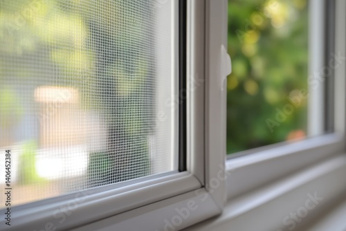 Close-up of a window with screen.  Outdoor view slightly out of focus