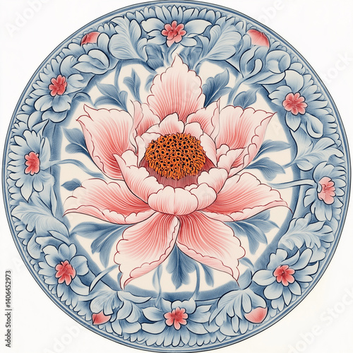 Hand-painted Thai ornament pattern on porcelain in soft pastel colors.