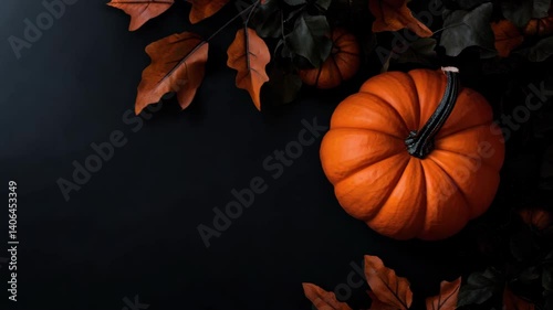 A captivating arrangement of vibrant orange pumpkins set against a dark background with autumn leaves, perfect for seasonal decor and fall inspiration.