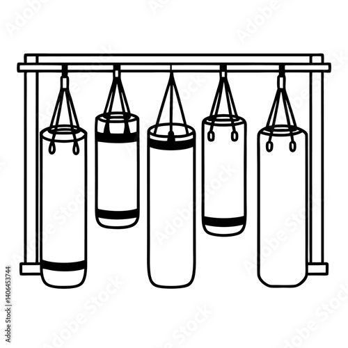Black and white illustration of punching bags, boxing gear, and fitness equipment in symmetrical hanging composition, children's book illustration style