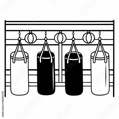Black and white illustration of punching bags, boxing gear, and fitness equipment in symmetrical hanging composition, children's book illustration style