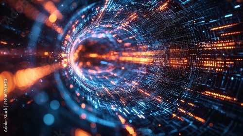 A vibrant, abstract representation of digital data flow, featuring bright lines and dots converging towards a central point, creating a dynamic sense of motion.