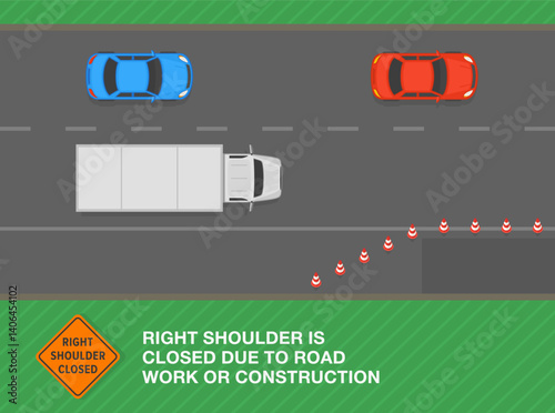 Safe driving tips and traffic regulation rules. Right shoulder closed sign. Top view of a traffic flow on highway. Shoulder is closed due to road works. Flat vector illustration template.
