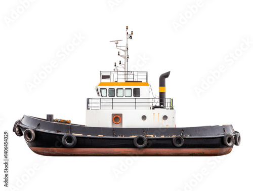 Tugboat action harbor cutout background nautical environment side view marine concept
