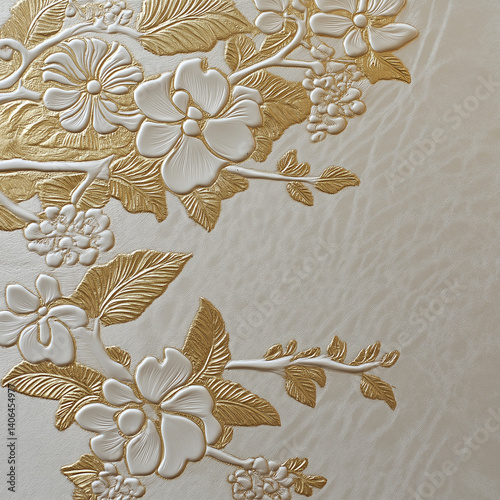 Delicate Thai pattern embossed on handcrafted parchment paper with gold leaf accents. 