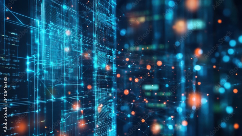 Naklejka premium A vibrant digital abstract representation showcasing interconnected lines and glowing nodes, symbolizing data and technology.