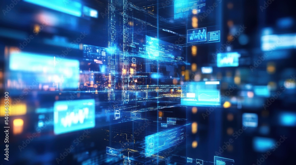 A visually striking digital interface featuring transparent screens displaying data graphs and metrics against a blurred cityscape background. A visually striking digital interface featuring transparent screens displaying data graphs and metrics against a blurred cityscape background.