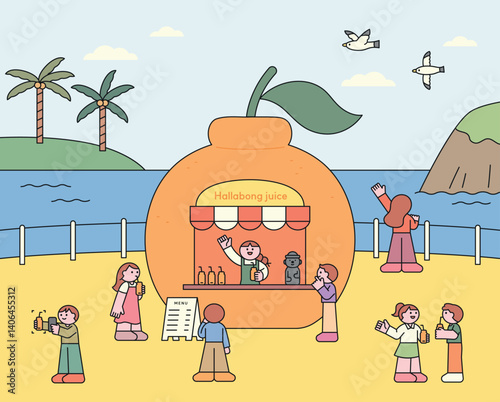 Cute flat illustration of a Hallabong juice stand by the beach in Jeju Island, with tourists enjoying drinks and seaside scenery.