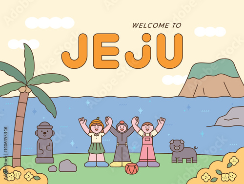 Cute flat illustration welcoming travelers to Jeju Island with sea, Dol hareubang, palm trees, black pig, and happy tourists.