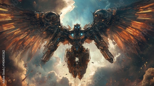 A massive angel with mechanical wings, fusing divine power with futuristic technology --ar 16:9 --v 6.1 Job ID: c5d50e7c-0822-46b8-82af-9c39eefa606b