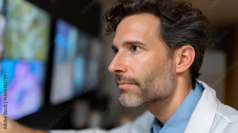 Intrigued scientist in lab coat observing data on television monitor in laboratory setting Intrigued scientist in lab coat observing data on television monitor in laboratory setting