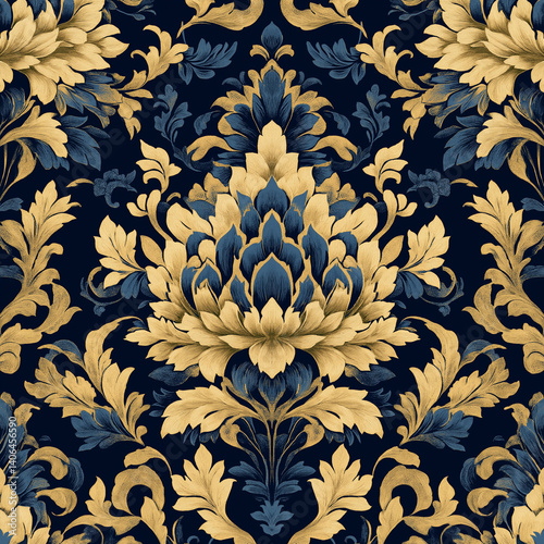 Elegant Thai floral pattern in blue and gold, intricately arranged in symmetrical style.