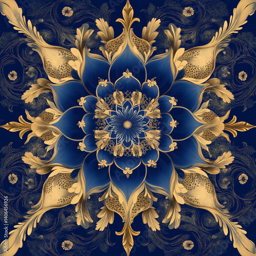 Elegant Thai floral pattern in blue and gold, intricately arranged in symmetrical style.