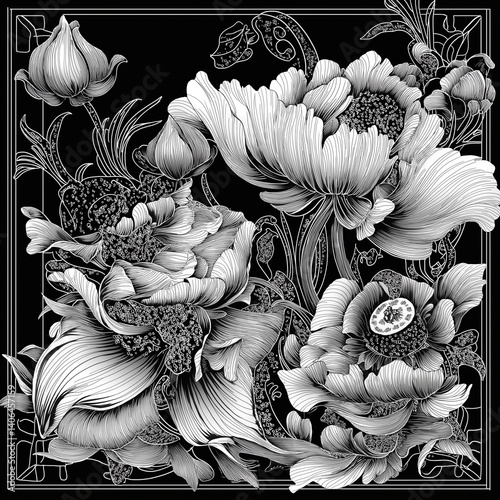 Thai line-art design in monochrome, ideal for fashion prints or packaging.
