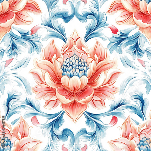 Hand-painted Thai ornament pattern on porcelain in soft pastel colors