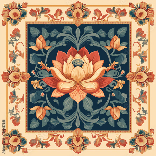 Thai traditional border design featuring lotus flowers and Kanok swirls in a seamless pattern.