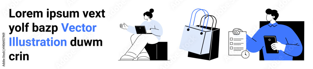 Woman using laptop, shopping bags, checklist, and man holding tablet highlight e-commerce, digital shopping, product delivery, order management, customer service. Ideal for retail marketing apps Woman using laptop, shopping bags, checklist, and man holding tablet highlight e-commerce, digital shopping, product delivery, order management, customer service. Ideal for retail marketing apps
