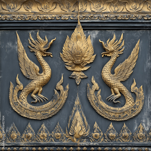 Ancient temple wall decorated with golden Thai motifs and mythical creatures.