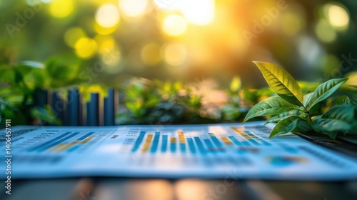 A vibrant image showing a financial report with colorful charts surrounded by greenery, symbolizing growth and sustainability in business.