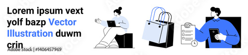Woman using laptop, shopping bags, checklist, and man holding tablet highlight e-commerce, digital shopping, product delivery, order management, customer service. Ideal for retail marketing apps