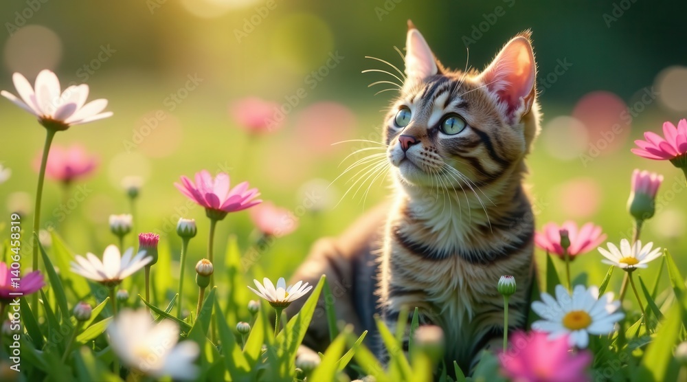 Obraz premium A playful kitten amidst a vibrant meadow of wildflowers, bathed in the warm glow of the setting sun, a symbol of springtime joy and the beauty of nature