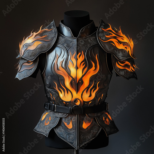 Fantasy armor engraved with Thai-style flame motifs, glowing with power.