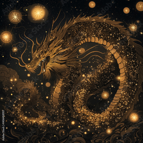 Mythical Thai dragon surrounded by glowing golden patterns in a starry night.