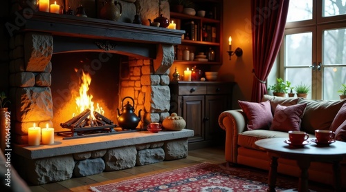 Cozy stone fireplace with burning wood, candles, and tea kettle in a warm living room
