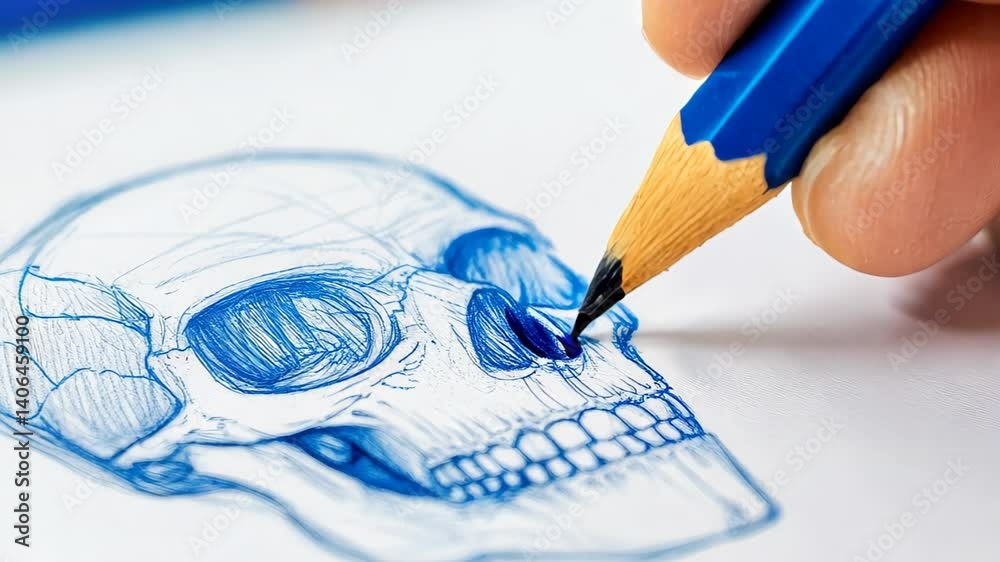 A close-up view of an artist's hand holding a blue pencil, skillfully drawing a detailed skull illustration on a white sketch paper background.