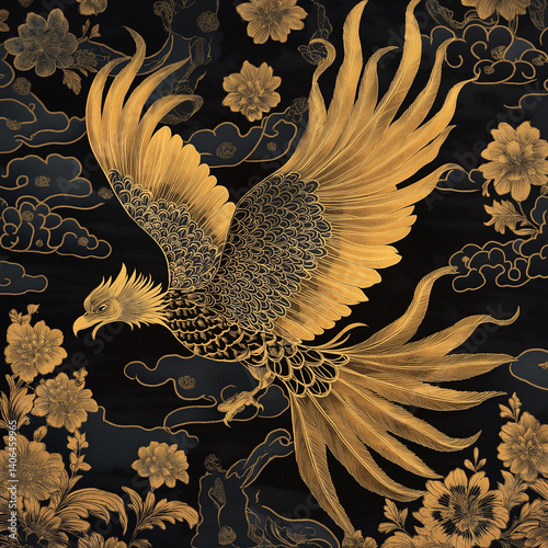 Thai-style phoenix bird flying through a sky of blooming gold patterns.