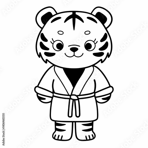 Adorable Tiger Cub in Robe Cartoon Illustration for Kids, children's book illustration style