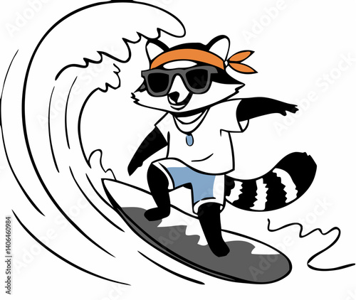 Cool Raccoon Surfs Ocean Wave in Sunglasses and Shorts