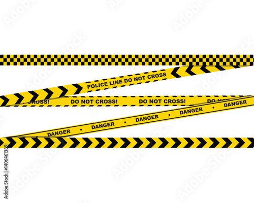 Warning tapes lines for restriction of criminal accident zones. Black and yellow police stripe border. Barrier borders for crime places, attention sites or construction works on white background